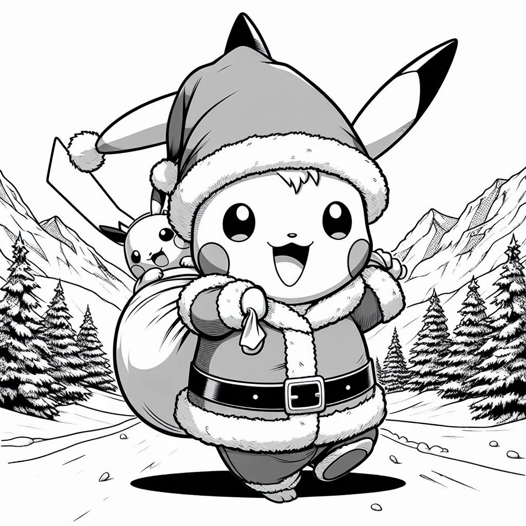 Baby Pikachu Carries Santas Bag happy expression. background mountain snow. no shadow. only black and white. clear outlines. bold lines.