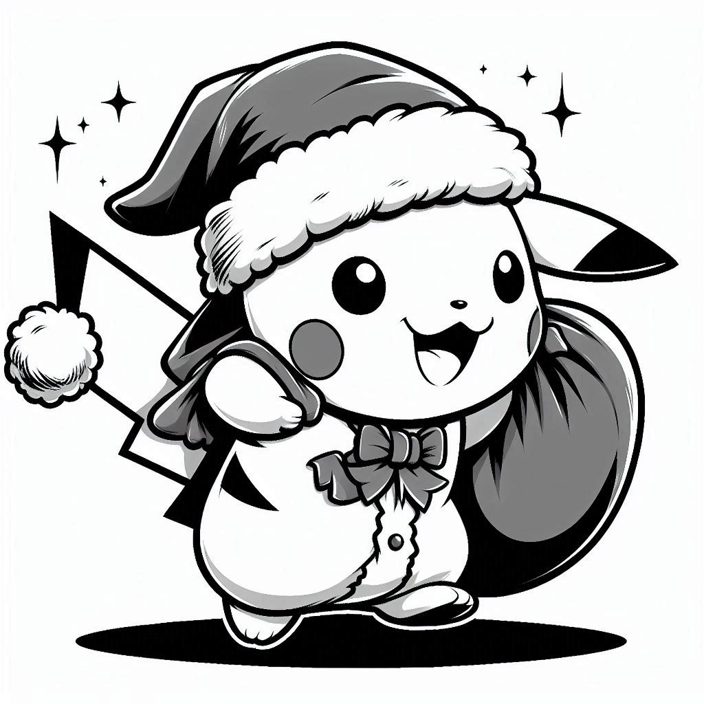 Baby Pikachu Carries Santas Bag happy expression. no shadow. only black and white. clear outlines. bold lines.