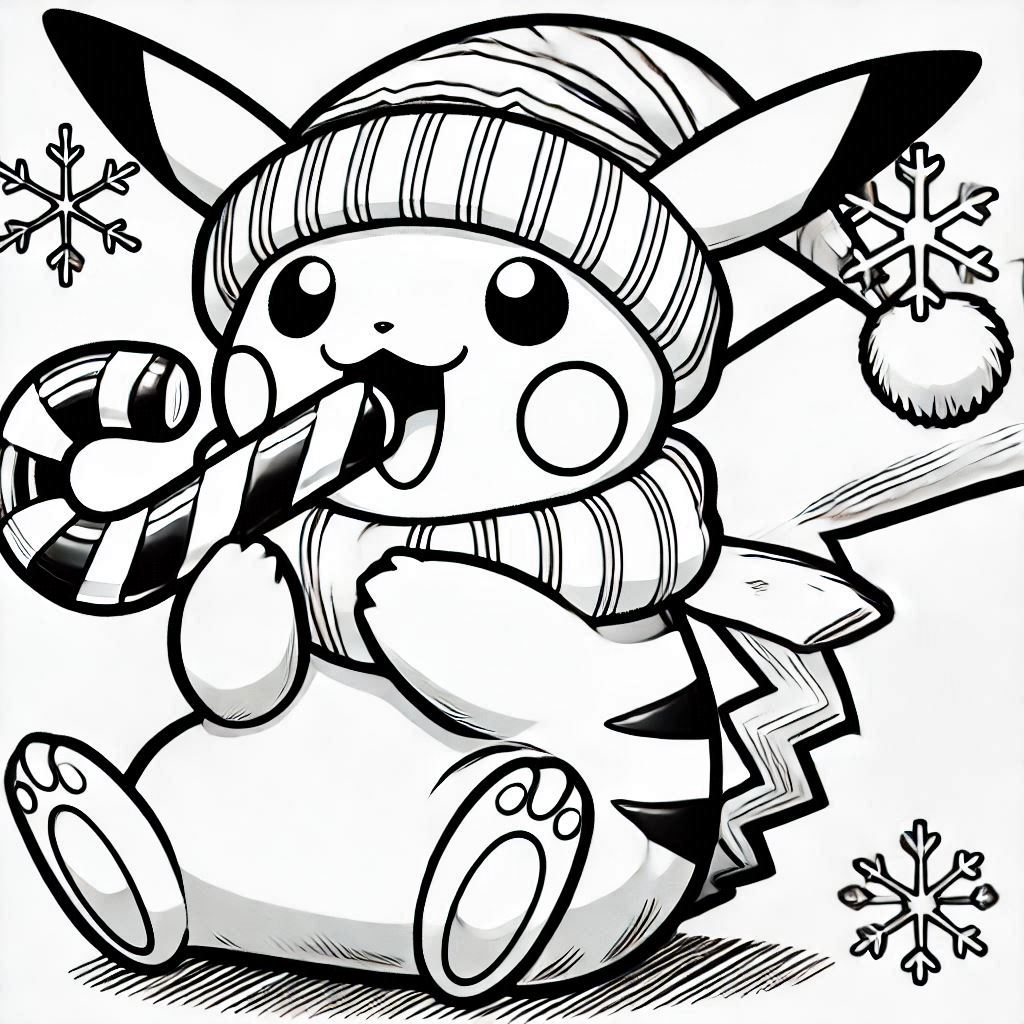 Baby Pikachu Eats Christmas Candy Cane happy expression coloring pages. no shadow. no color. only black and white. clear outlines. bold lines.