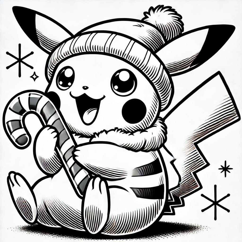 Baby Pikachu Eats Christmas Candy Cane happy expression. no shadow. no color. only black and white. clear outlines. bold lines.