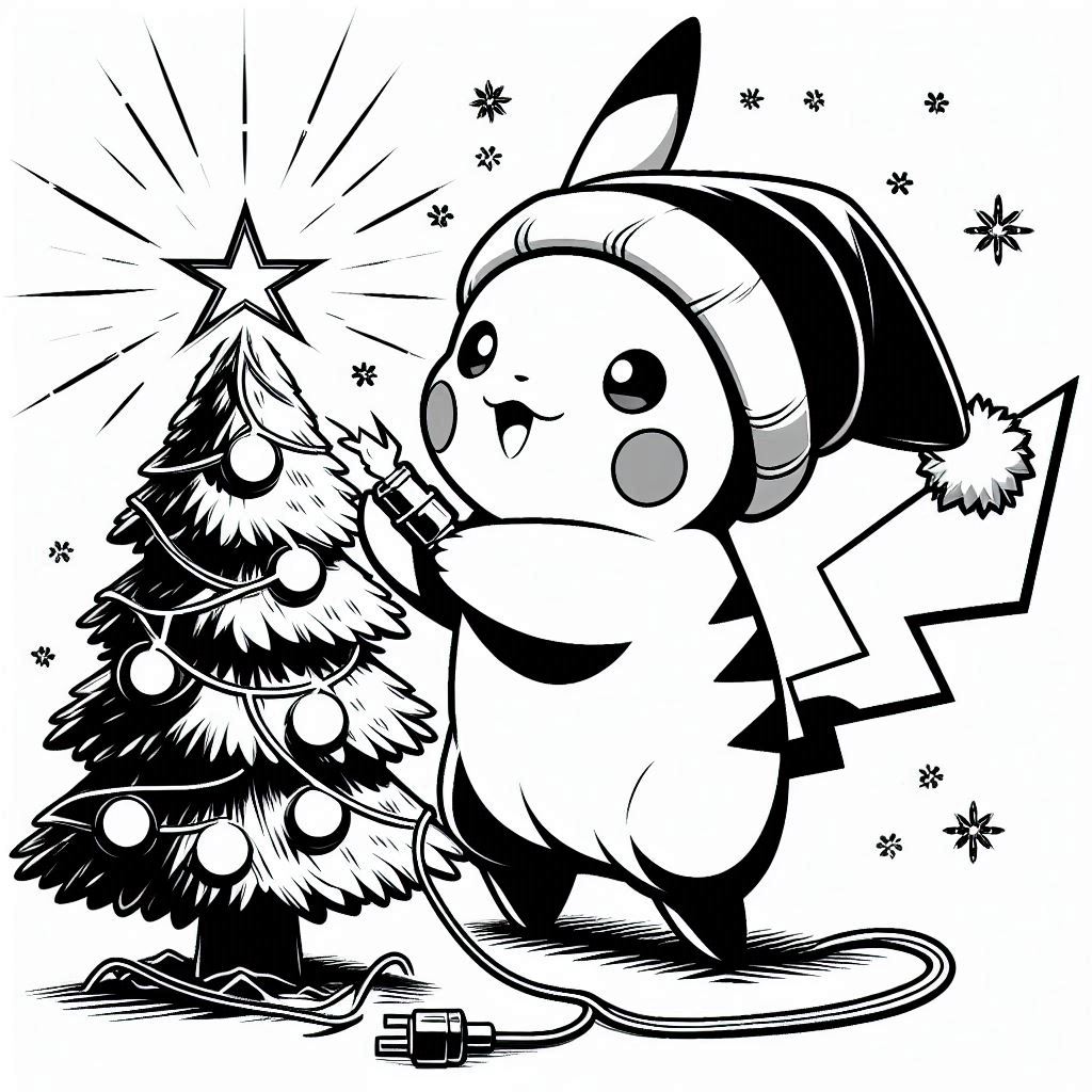 Baby Pikachu Lights Up the Christmas Tree with His Power. there was a flash of electricity. no shadow. only black and white. clear outlines. bold lines. (1)