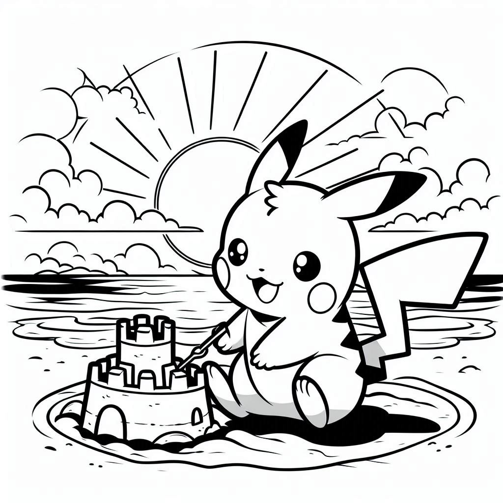 Baby Pikachu Playing on the Beach making a sand castle with a beautiful sun in the background, no shadow, no color, only black and white, clear outlines, bold lines