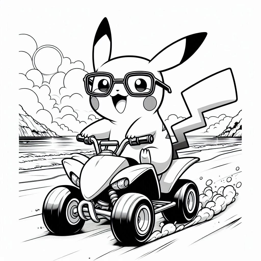 Baby Pikachu Playing on the Beach riding an ATV at high speed wearing glasses. background beautiful beach. no shadow. no color. only black and white. clear outlines. bold lines.