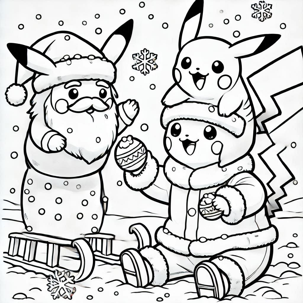 Baby Pikachu Playing snow and Santa claus coloring pages. no shadow. no color. only black and white. clear outlines. bold lines.