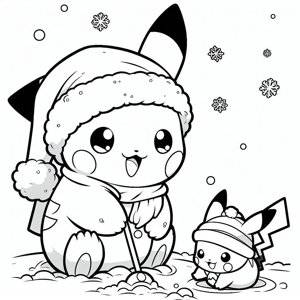 Baby Pikachu Playing snow with Baby Santa coloring pages. no shadow. no color. only black and white. clear outlines. bold lines.