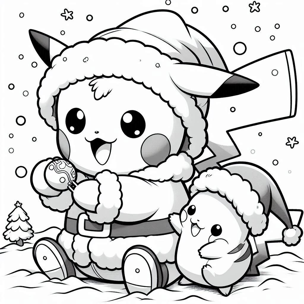 Baby Pikachu Playing snow with Santa coloring pages. no shadow. no color. only black and white. clear outlines. bold lines.