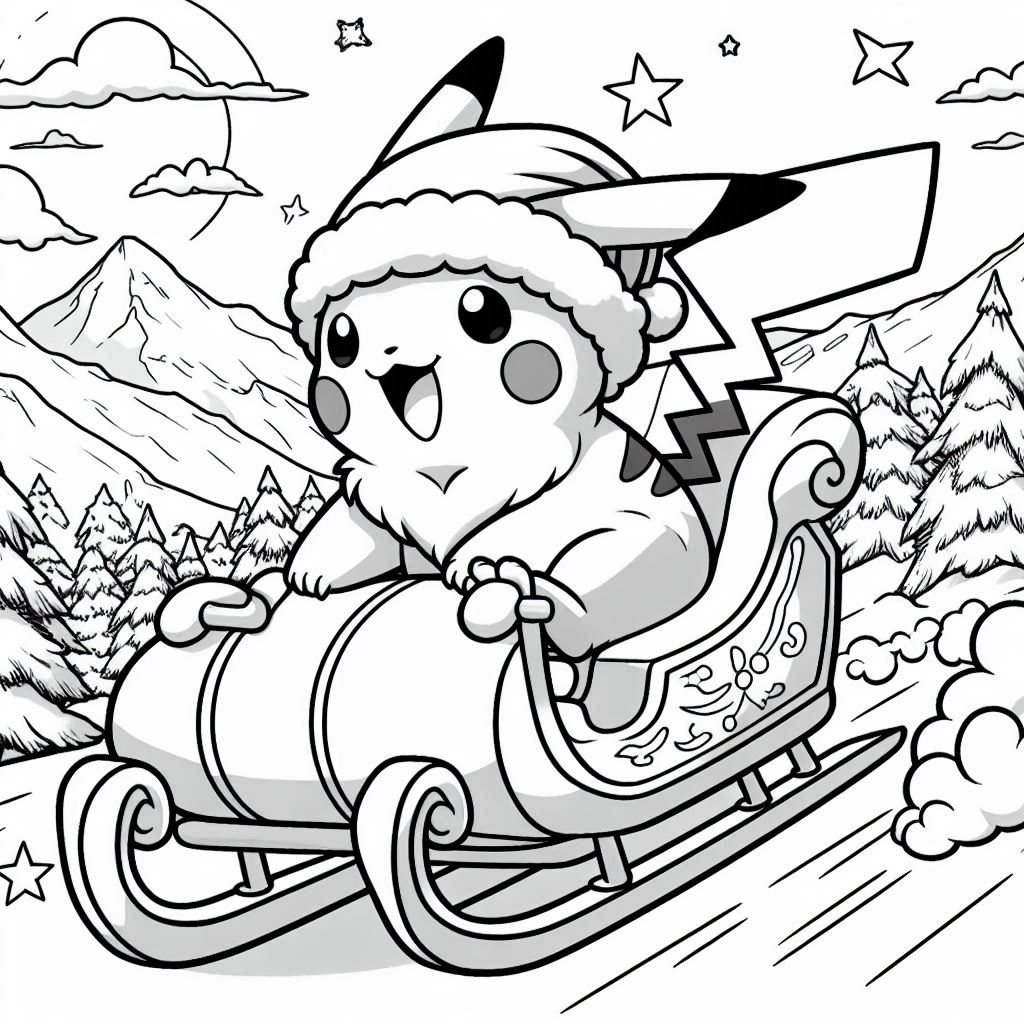 Baby Pikachu Rides Santas Sleigh High speed coloring pages. background mountain and snow trees. no shadow. no color. only black and white. clear outlines. bold lines.