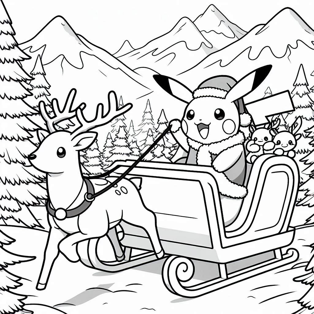 Baby Pikachu Rides Santas Sleigh with the deer pulling in front coloring pages. background mountain and snow trees. no shadow. no color. only black and white. clear outlines. bold lines.