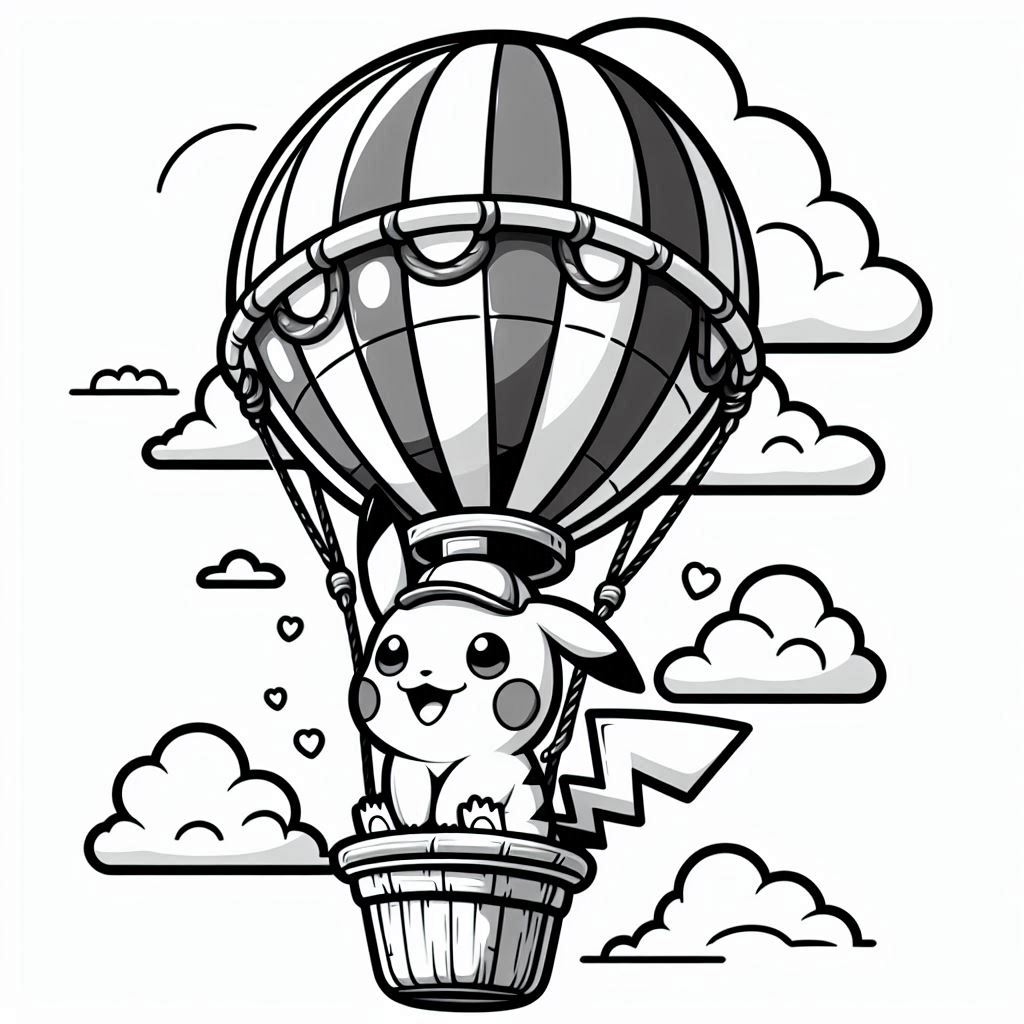 Baby Pikachu Riding a Hot Air Balloon. smile happy expression. no shadow. no color. only black and white. clear outlines. bold lines.