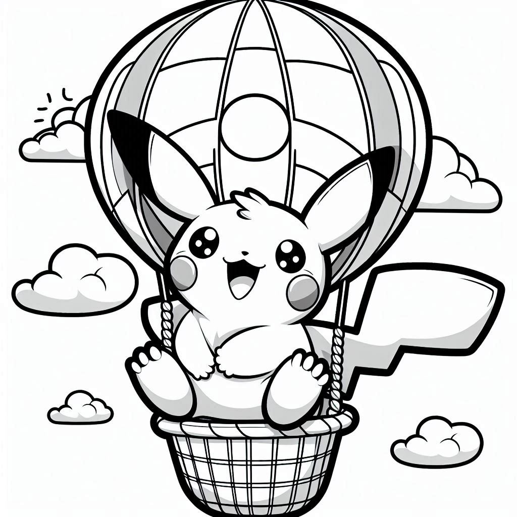 Baby Pikachu Riding a Hot Air Balloon. smile happy expression. no shadow. only black and white. clear outlines. bold lines.