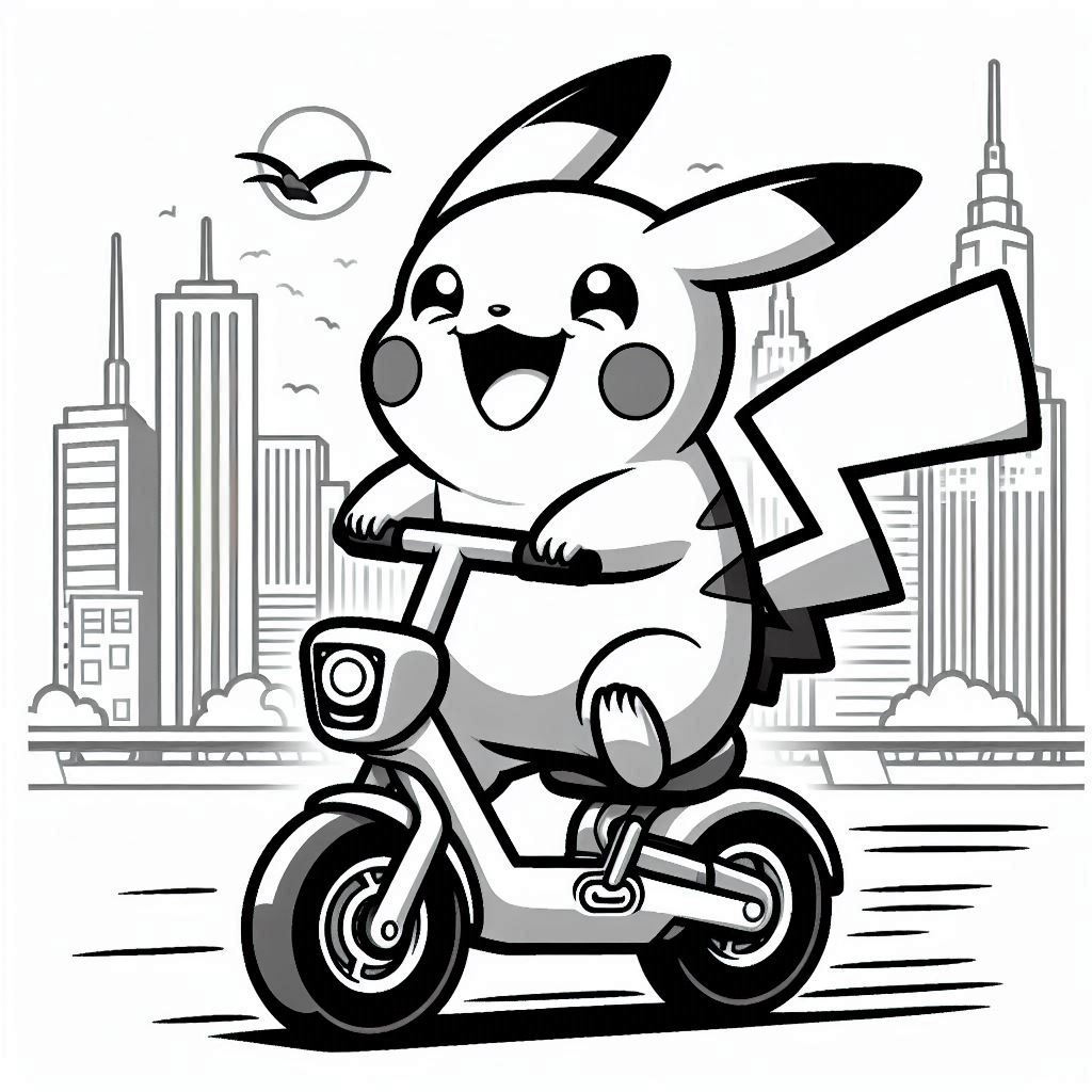 Baby Pikachu Riding an Electric Bike very happy. background metropolitan city. no shadow. no color. only black and white. clear outlines. bold lines.