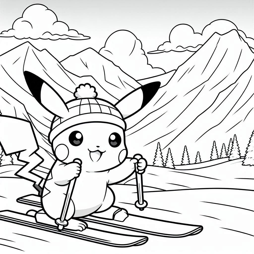 Baby Pikachu Skiing in the Snow smile happy expression. background landscape of mountain snow. no shadow. no color. only black and white. clear outlines. bold lines.