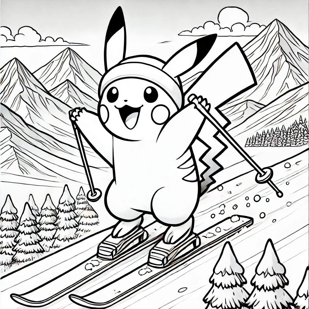 Baby Pikachu Skiing in the Snow smile happy expression. background landscape of mountain snow. no shadow. no color. only black and white. clear outlines. bold lines.