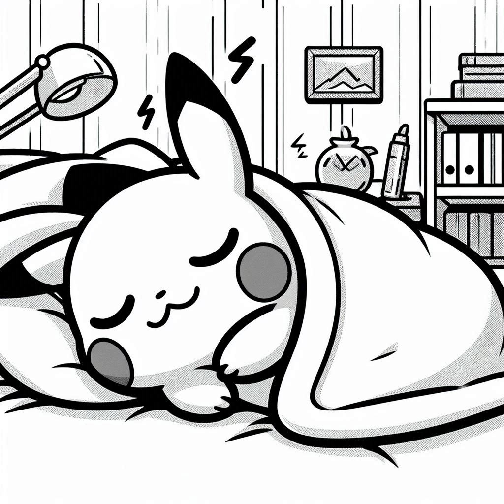 Baby Pikachu Sleeping with a warm blanket feels comfortable. background bedroom aesthetic. no shadow. no color. only black and white. clear outlines. bold lines.