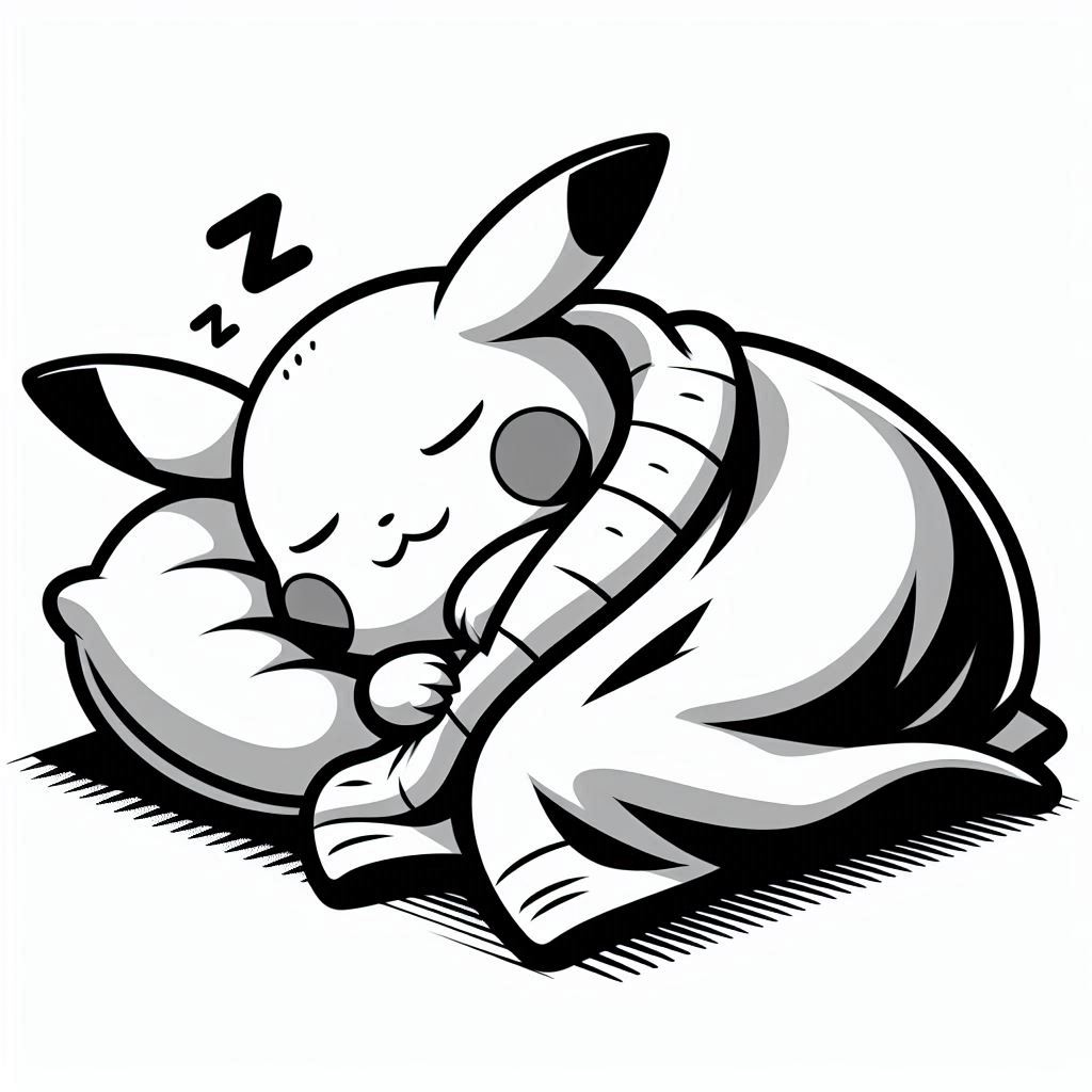 Baby Pikachu Sleeping with a warm blanket feels comfortable. no shadow. no color. only black and white. clear outlines. bold lines.