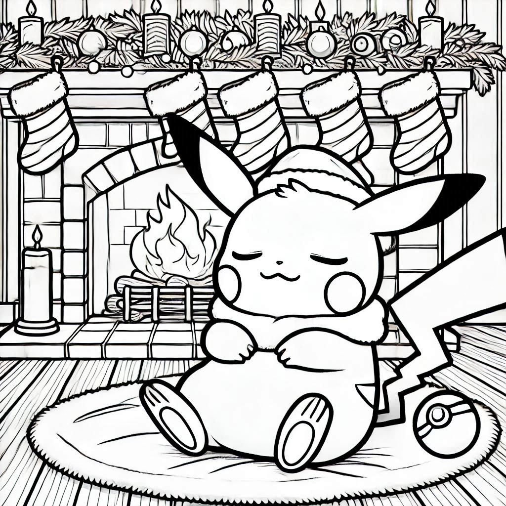 Baby Pikachu Sleeps in Front of a Christmas Fireplace coloring pages. no shadow. no color. only black and white. clear outlines. bold lines.