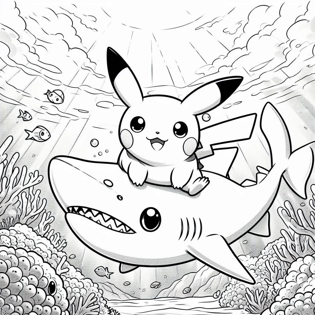 Baby Pikachu Swimming in the Sea with baby shark. background beautiful coral reef. no shadow. no color. only black and white. clear outlines. bold lines.