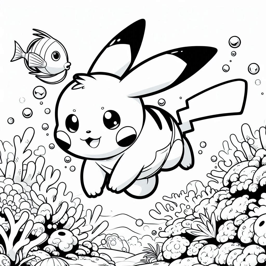 Baby Pikachu Swimming in the Sea with fish. background beautiful coral reef. no shadow. no color. only black and white. clear outlines. bold lines.