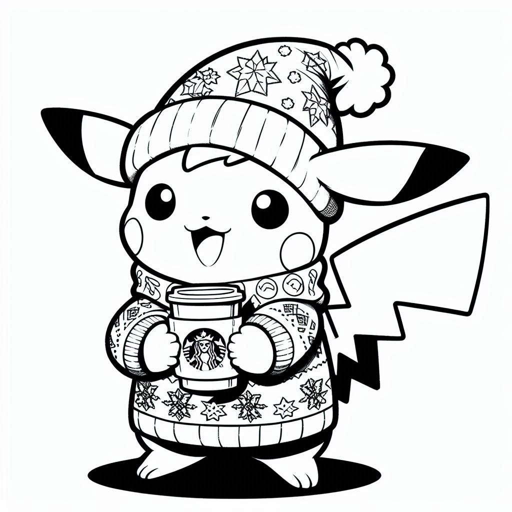 Baby Pikachu Wears Christmas Clothes and drink starbuck coffee. no shadow. only black and white. clear outlines. bold lines.