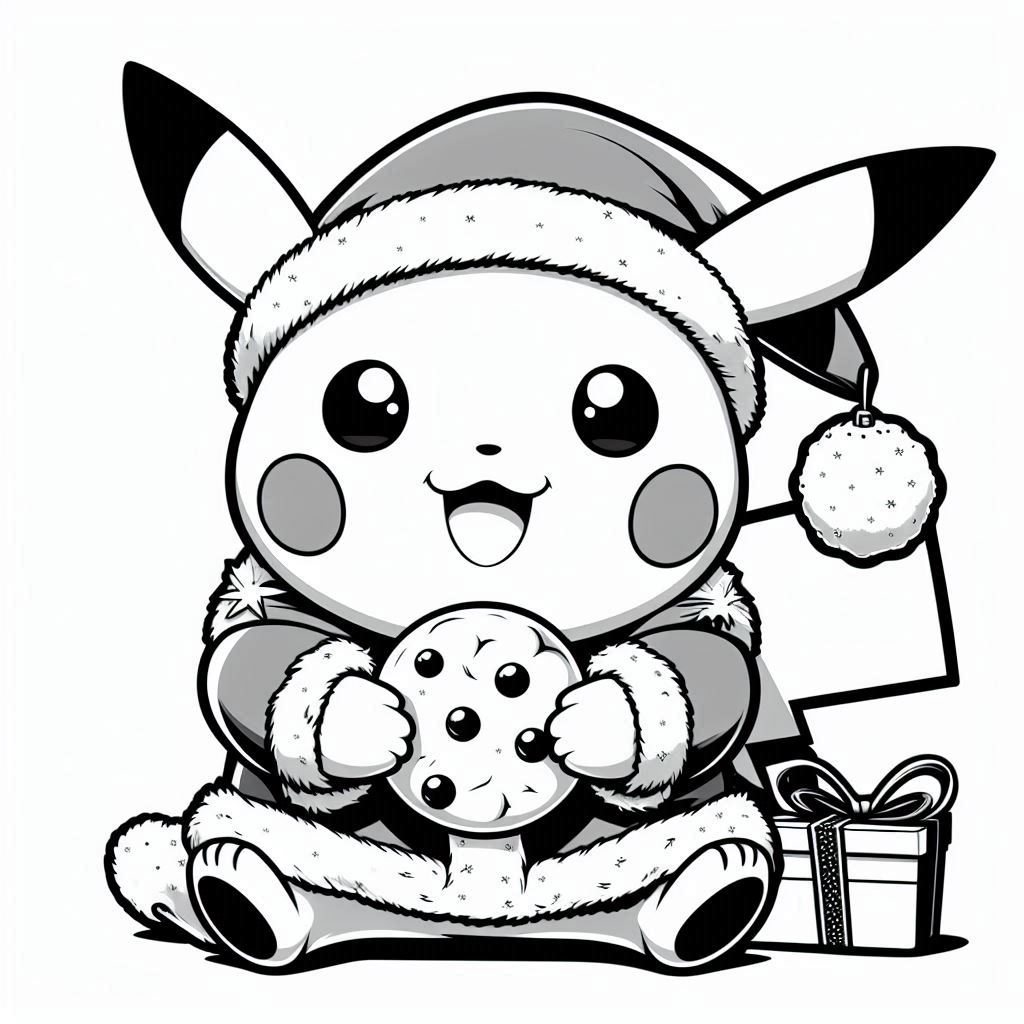 Baby Pikachu Wears Christmas Clothes and eating cookies. no shadow. only black and white. clear outlines. bold lines.