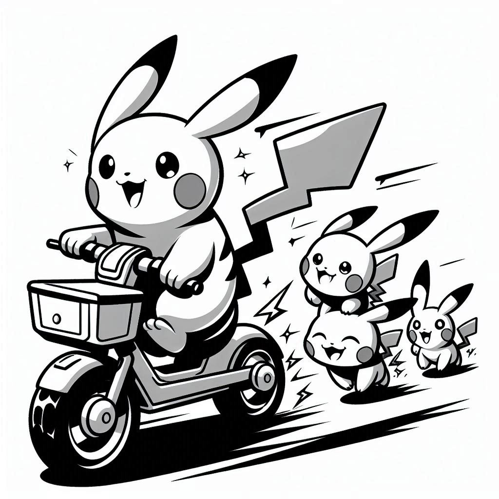 Baby Pikachu and friends Riding an Electric Bike very happy. no shadow. no color. only black and white. clear outlines. bold lines.