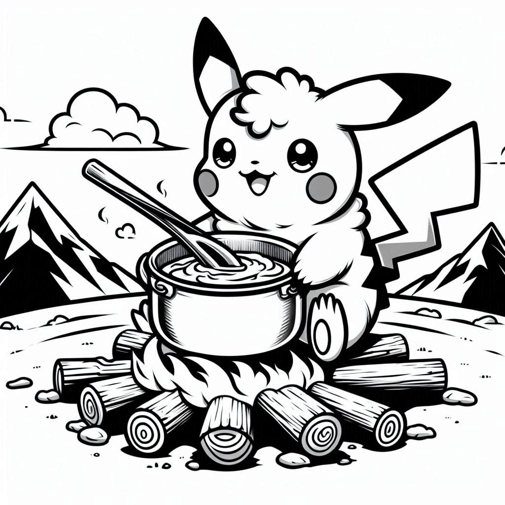 Baby Pikachu boiling water over a campfire with a mountain snow background, no shadow, no color, only black and white, clear outlines, bold lines