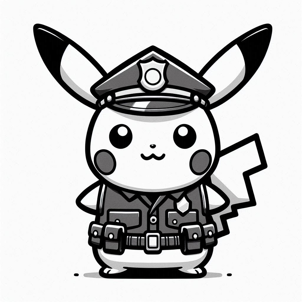 Baby Pikachu in Police Uniform costume. firm expression. no shadow. no color. only black and white. clear outlines. bold lines.