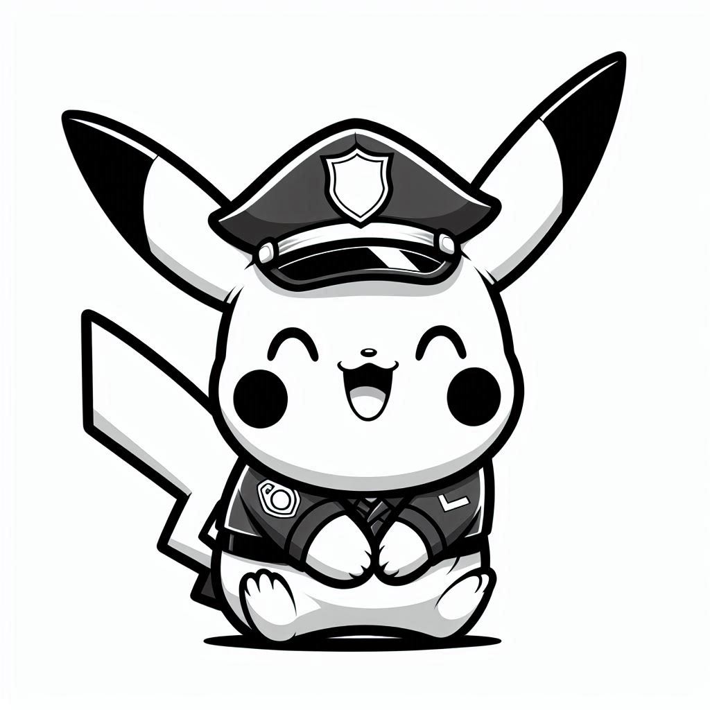 Baby Pikachu in Police Uniform costume. smile happy expression. no shadow. no color. only black and white. clear outlines. bold lines.