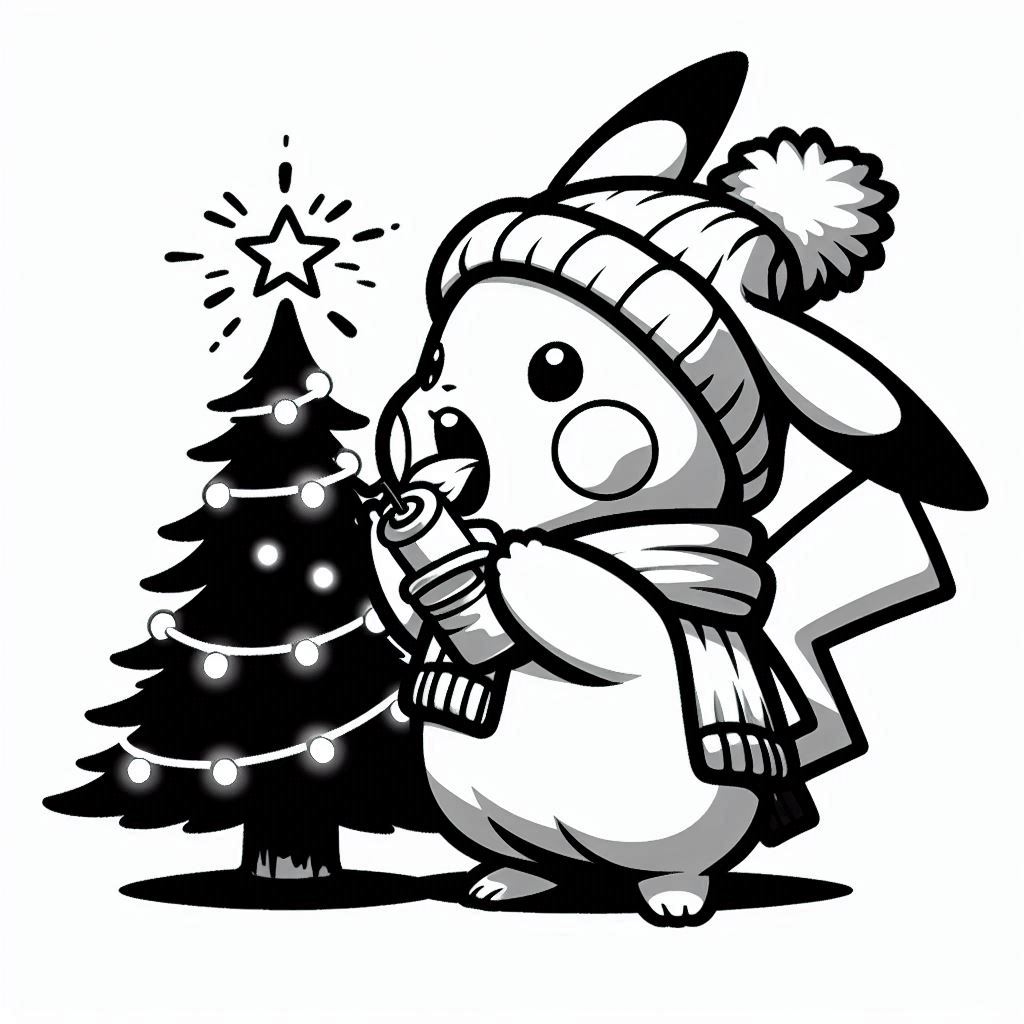 Baby Pikachu lighting up the Christmas tree with his mouth. No shadow. Only black and white. Clear outlines. Bold lines.