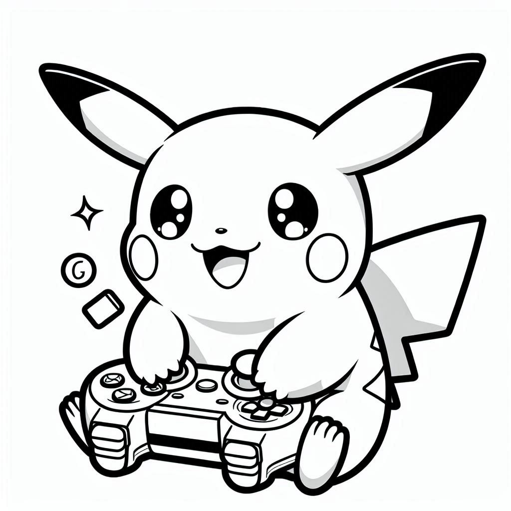 Baby Pikachu playing PlayStation coloring pages. No shadow. Happy expression. Only black and white. Clear outlines. Bold lines. Portrait ratio.