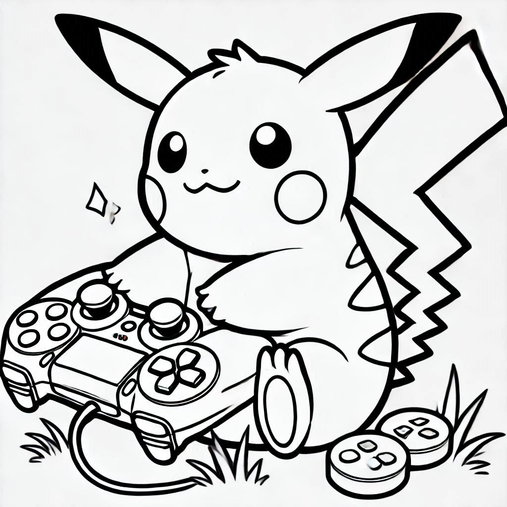 Baby Pikachu playing PlayStation coloring pages. No shadow. Only black and white. Clear outlines. Bold lines.