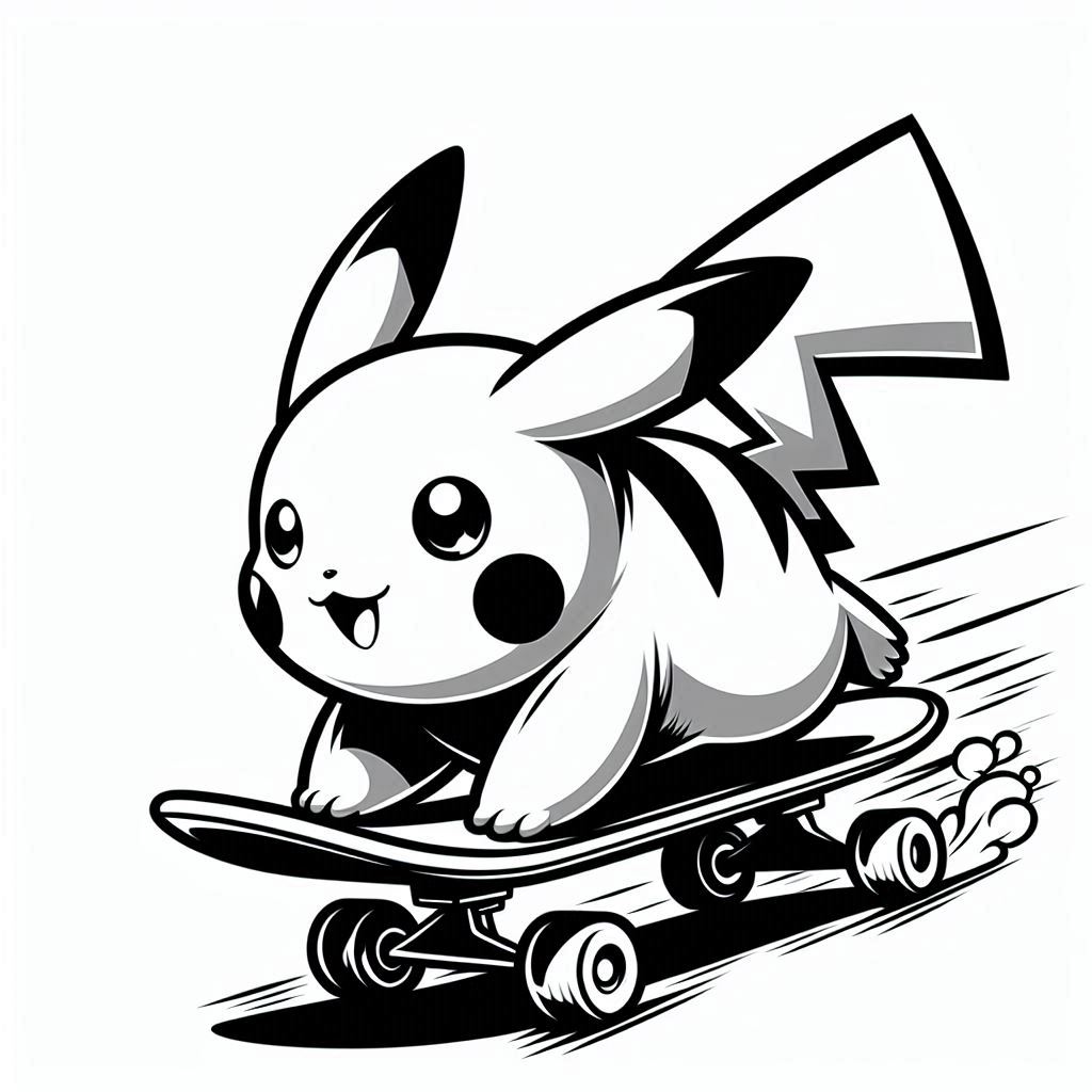 Baby Pikachu playing skateboard at high speed, no shadow, only black and white, clear outlines, bold lines