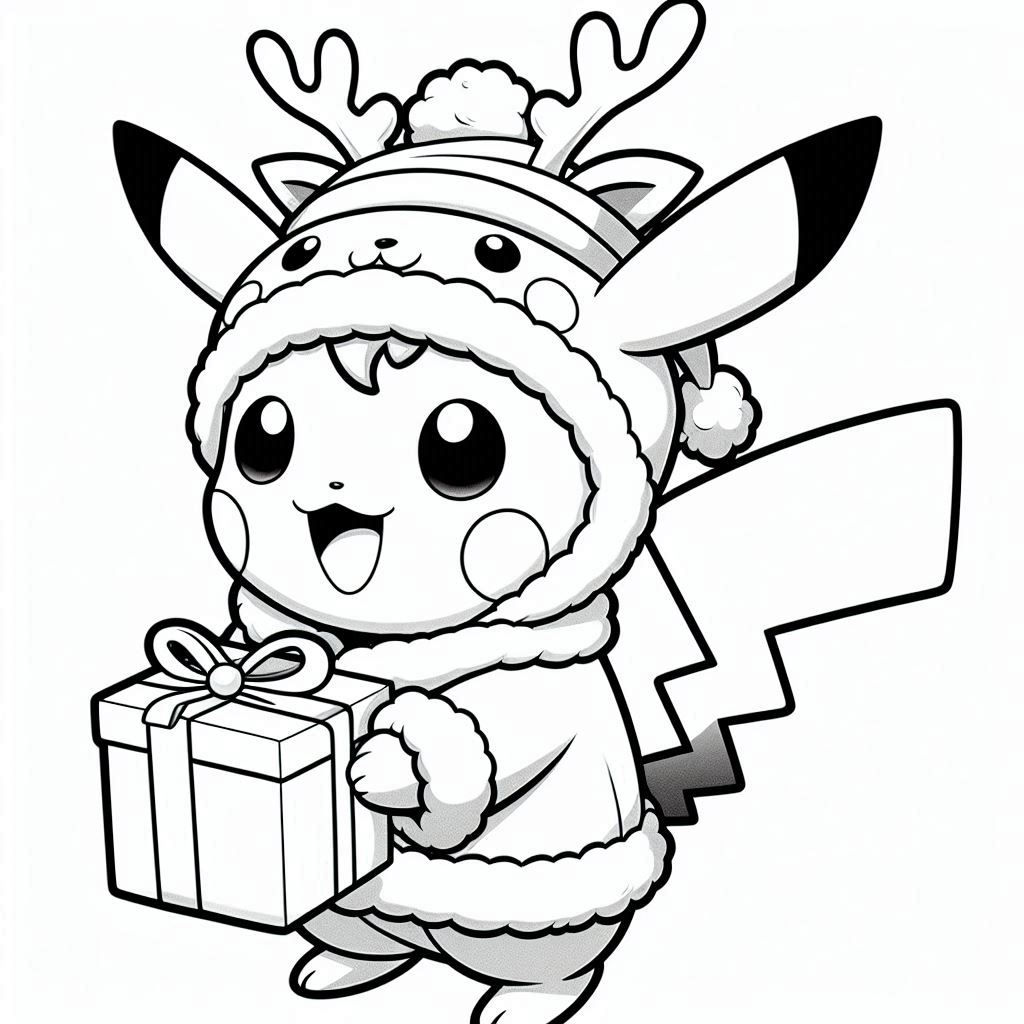 Baby Pikachu wearing a Christmas reindeer costume carrying a gift box coloring pages. no shadow. no color. only black and white. clear outlines. bold lines.