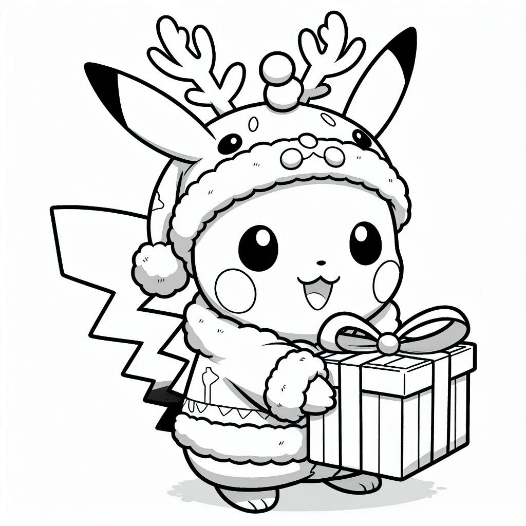 Baby Pikachu wearing a Christmas reindeer costume carrying a gift box coloring pages. no shadow. no color. only black and white. clear outlines. bold lines.