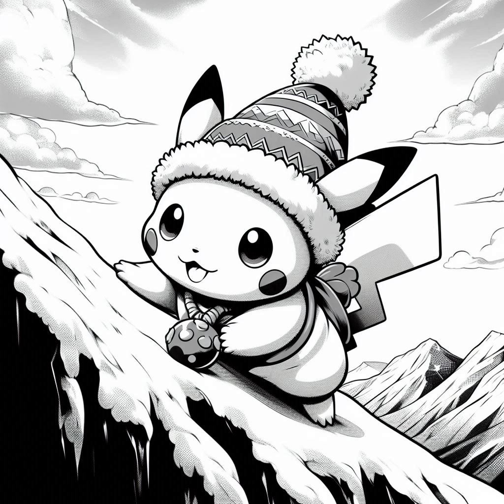 Baby Pikachu with Christmas wear climbing on the mountain, background sky, no shadow, no color, only black and white, clear outlines, bold lines