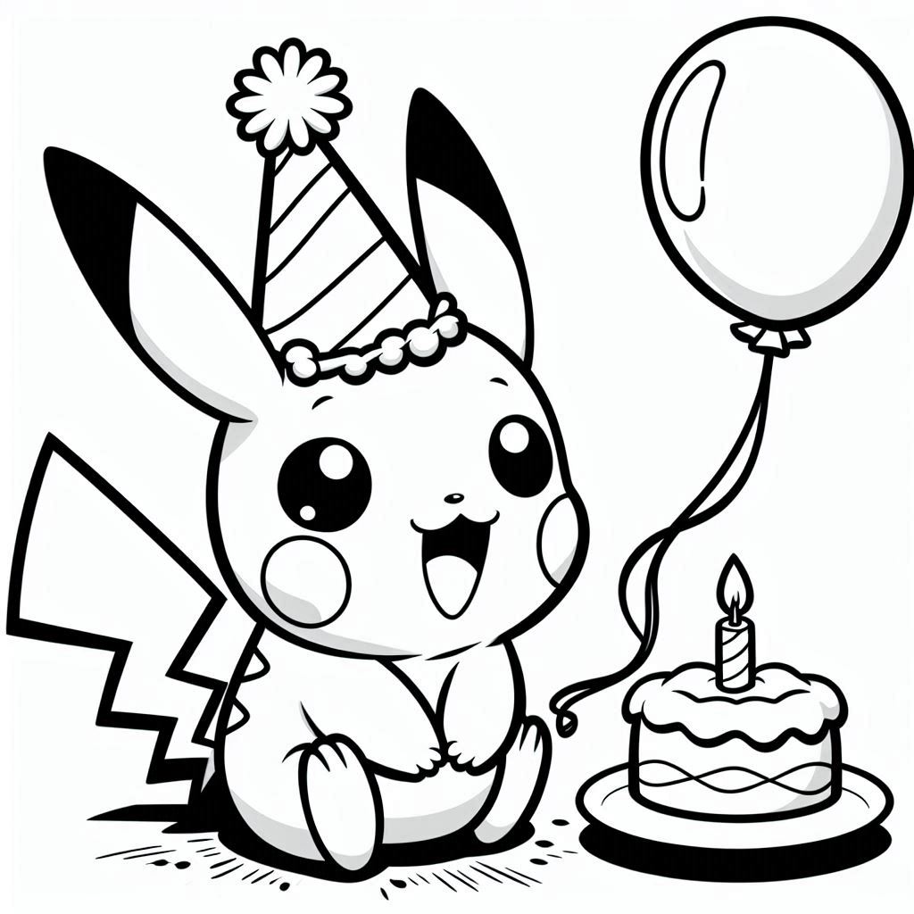 Baby Pikachu with a birthday balloon at a party, smiling happily, no shadow, only black and white, clear outlines, bold lines