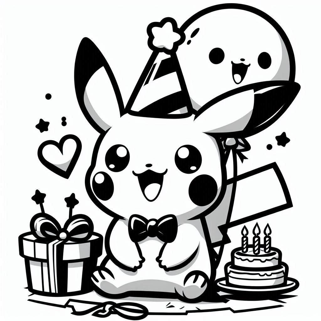 Baby Pikachu with a birthday balloon on the party, smiling happily, no shadow, only black and white, clear outlines, bold lines