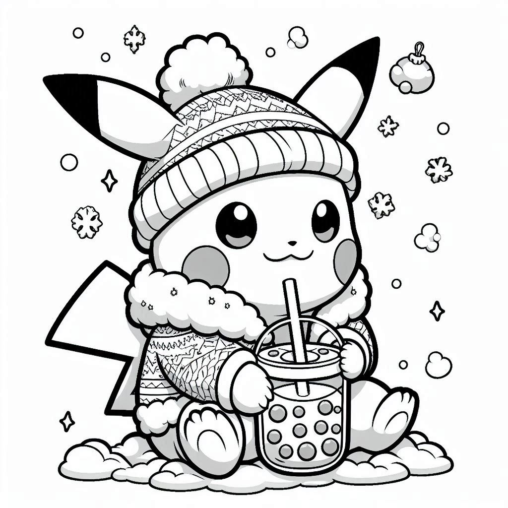 Baby Pikachu with christmas jacket Drinks Boba on the Snow coloring pages. no shadow. no color. only black and white. clear outlines. bold lines.