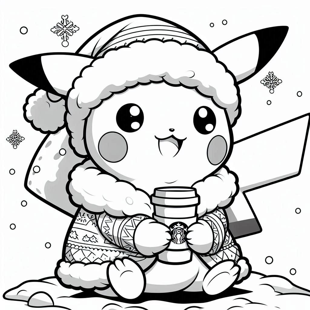 Baby Pikachu with christmas jacket Drinks coffee on the Snow coloring pages. no shadow. no color. only black and white. clear outlines. bold lines.