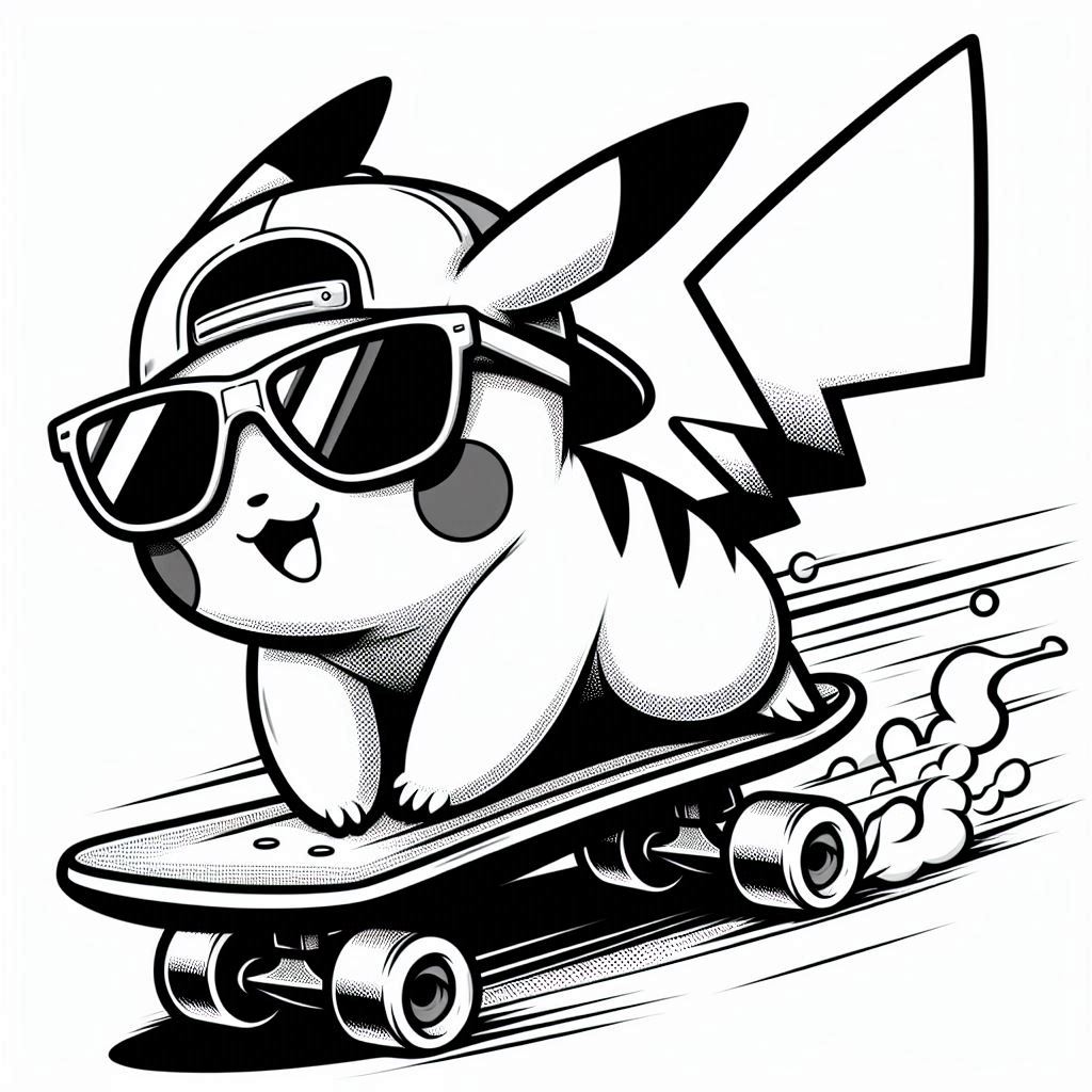 Baby Pikachu with cool sunglasses playing skateboard at high speed, no shadow, only black and white, clear outlines, bold lines