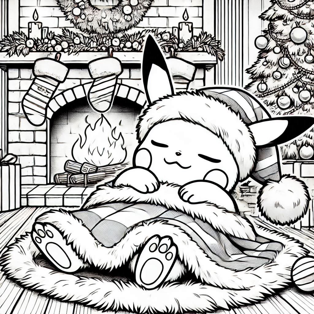 Cozy Baby Pikachu Sleeps with thick fur blanket in Front of a Christmas Fireplace coloring pages. no shadow. no color. only black and white. clear outlines. bold lines.